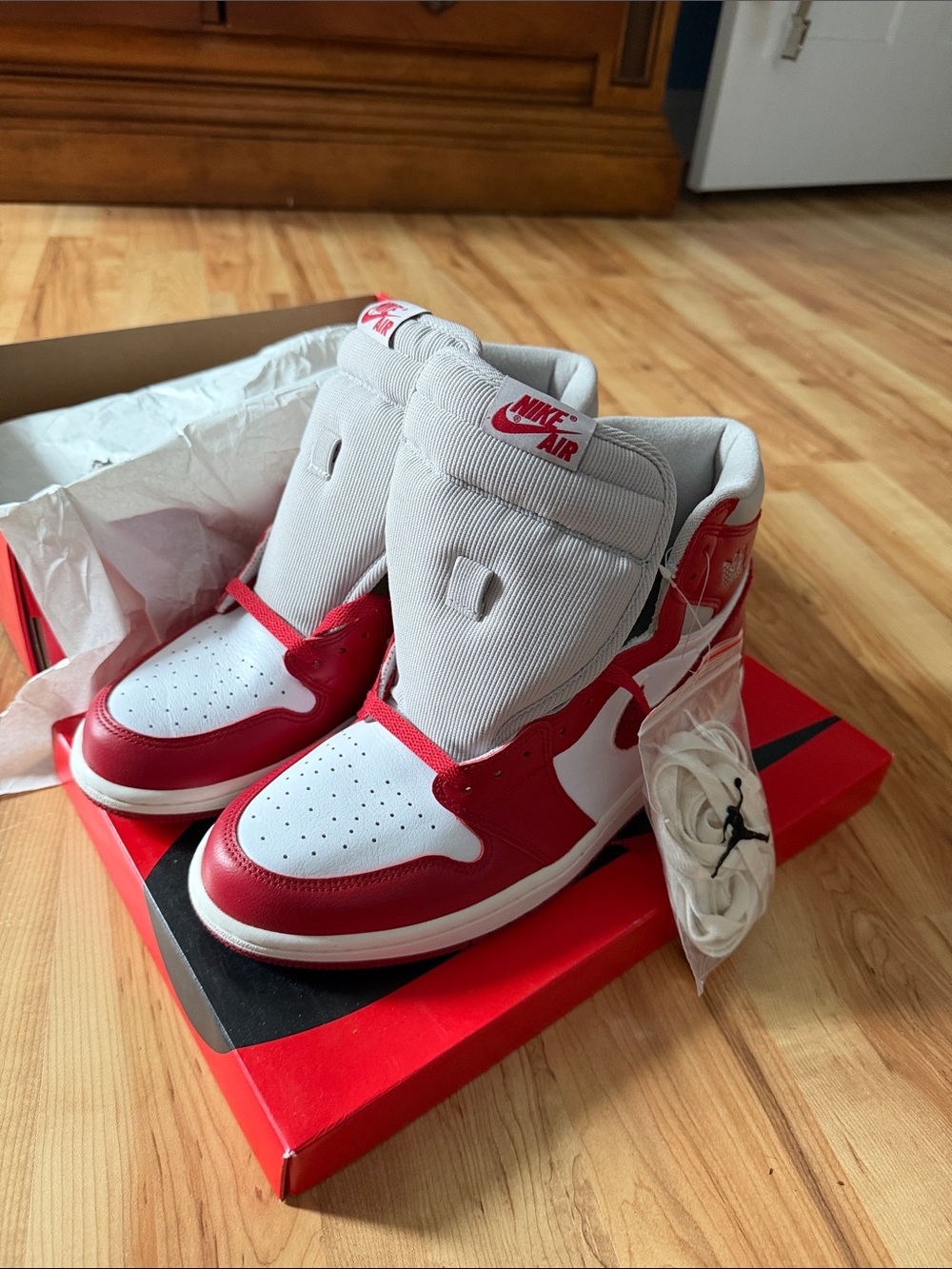 Nike Men’s Jordan 1 Red and White High-Top Sneakers with Extra Laces